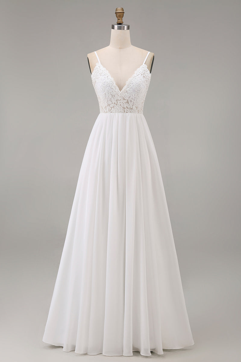 Load image into Gallery viewer, White A Line Tulle Spaghetti Straps Maxi Rehearsal Dinner Dress with Lace