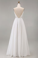Load image into Gallery viewer, White A Line Tulle Spaghetti Straps Maxi Rehearsal Dinner Dress with Lace