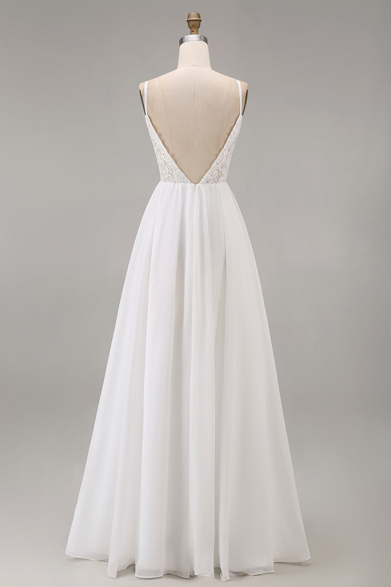 Load image into Gallery viewer, White A Line Tulle Spaghetti Straps Maxi Rehearsal Dinner Dress with Lace