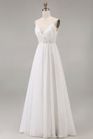 Load image into Gallery viewer, White A Line Tulle Spaghetti Straps Maxi Rehearsal Dinner Dress with Lace