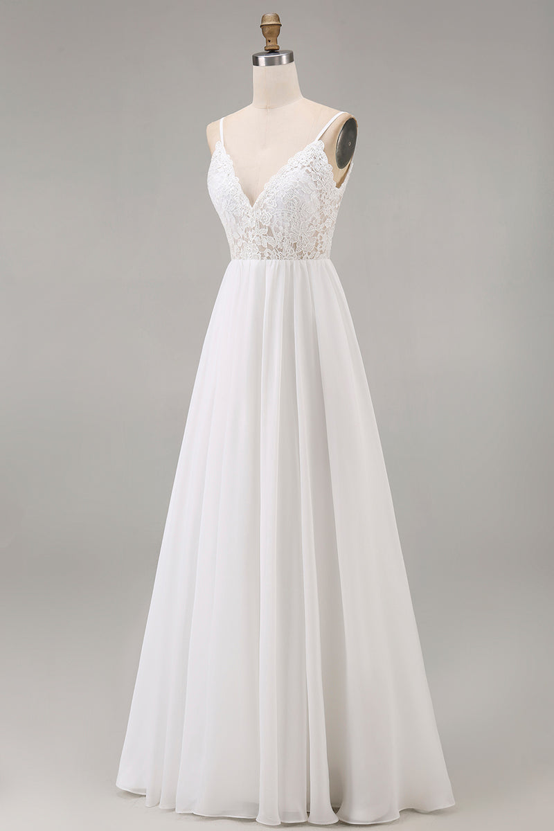 Load image into Gallery viewer, White A Line Tulle Spaghetti Straps Maxi Rehearsal Dinner Dress with Lace