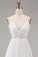Load image into Gallery viewer, White A Line Tulle Spaghetti Straps Maxi Rehearsal Dinner Dress with Lace
