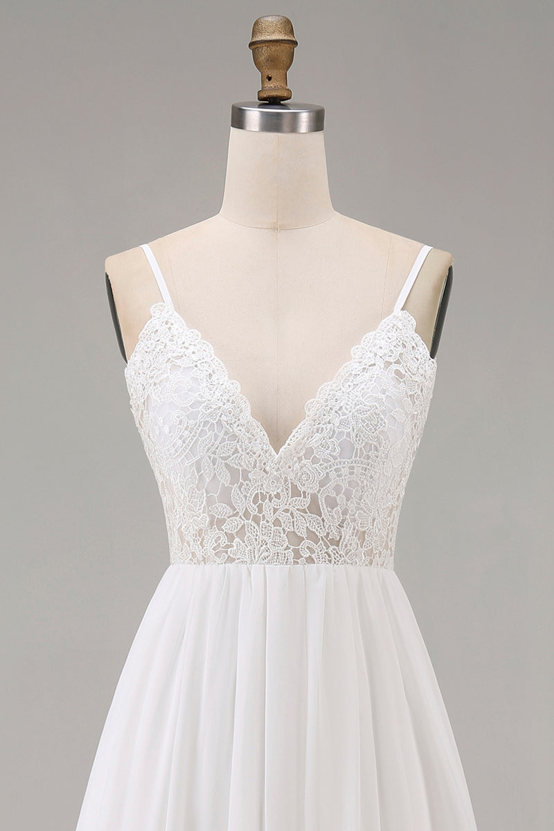 Load image into Gallery viewer, White A Line Tulle Spaghetti Straps Maxi Rehearsal Dinner Dress with Lace