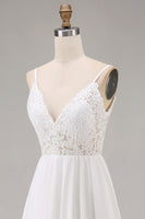 Load image into Gallery viewer, White A Line Tulle Spaghetti Straps Maxi Rehearsal Dinner Dress with Lace