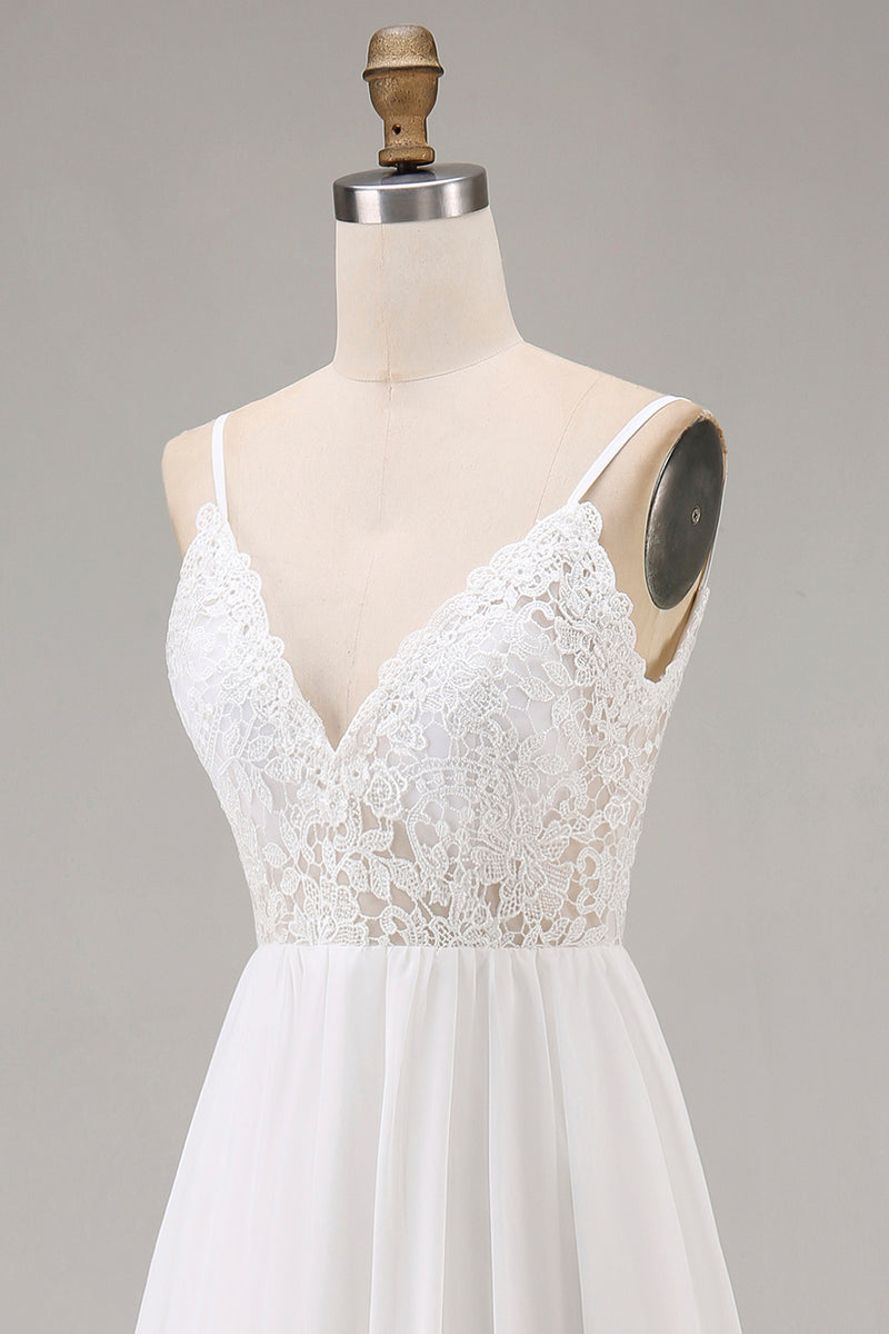 Load image into Gallery viewer, White A Line Tulle Spaghetti Straps Maxi Rehearsal Dinner Dress with Lace