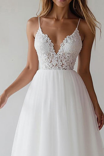 White A Line Tulle Spaghetti Straps Maxi Rehearsal Dinner Dress with Lace