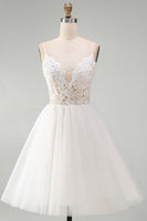 Load image into Gallery viewer, White A Line Tulle Spaghetti Straps Short Graduation Dress with Lace