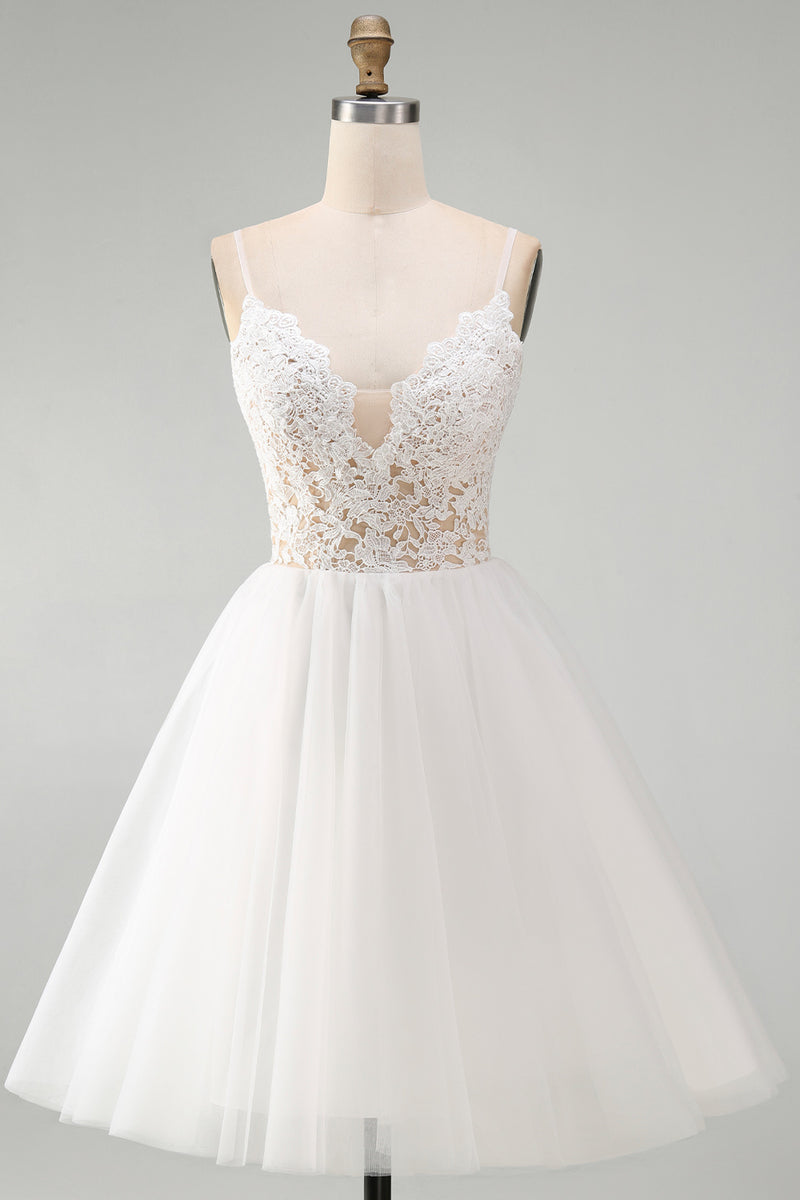 Load image into Gallery viewer, White A Line Tulle Spaghetti Straps Short Graduation Dress with Lace