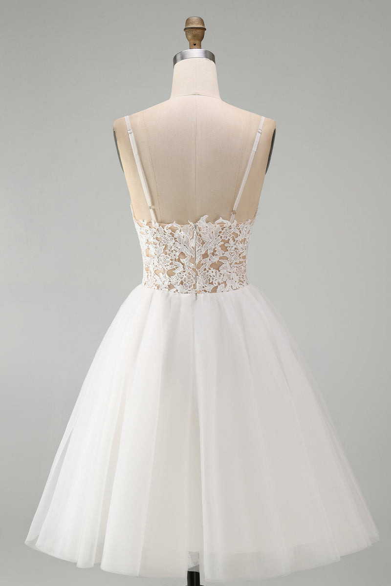 Load image into Gallery viewer, White A Line Tulle Spaghetti Straps Short Graduation Dress with Lace