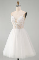 Load image into Gallery viewer, White A Line Tulle Spaghetti Straps Short Graduation Dress with Lace