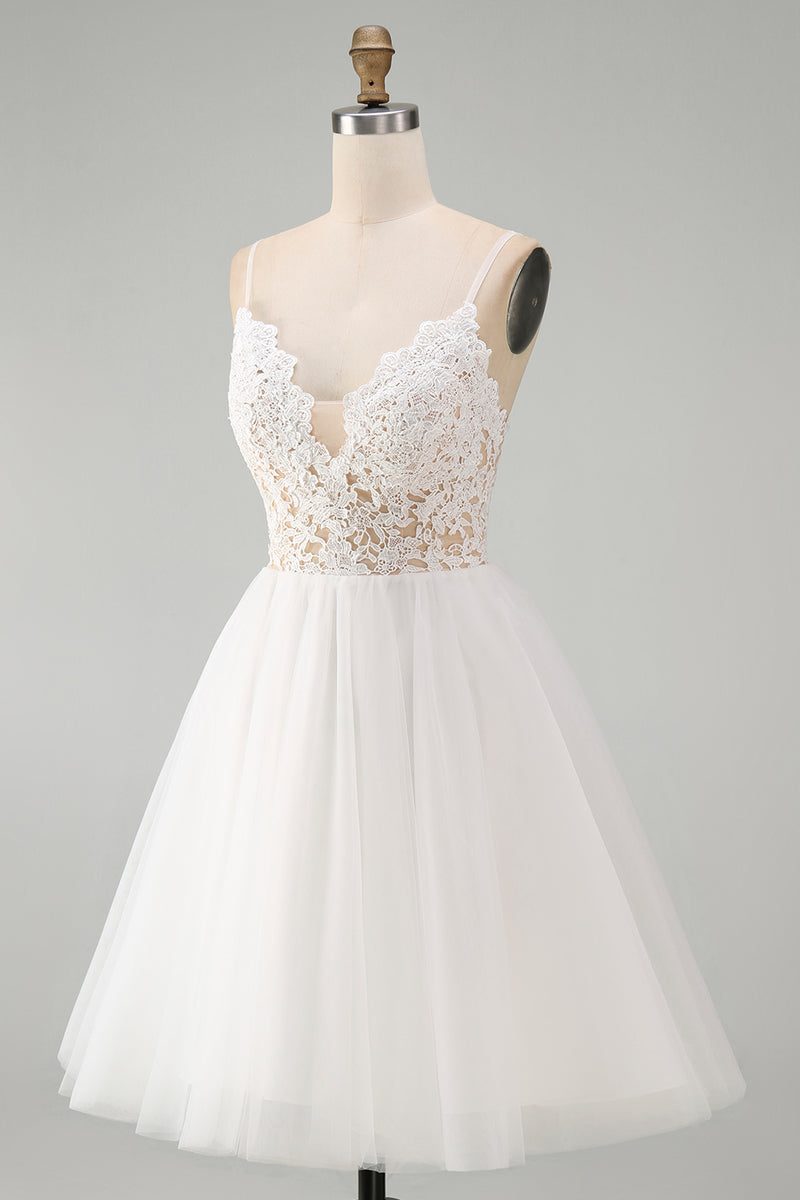 Load image into Gallery viewer, White A Line Tulle Spaghetti Straps Short Graduation Dress with Lace