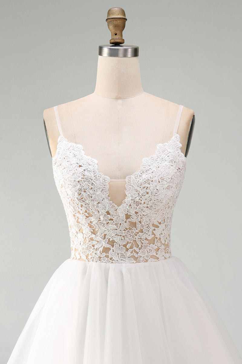 Load image into Gallery viewer, White A Line Tulle Spaghetti Straps Short Graduation Dress with Lace