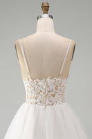 Load image into Gallery viewer, White A Line Tulle Spaghetti Straps Short Graduation Dress with Lace
