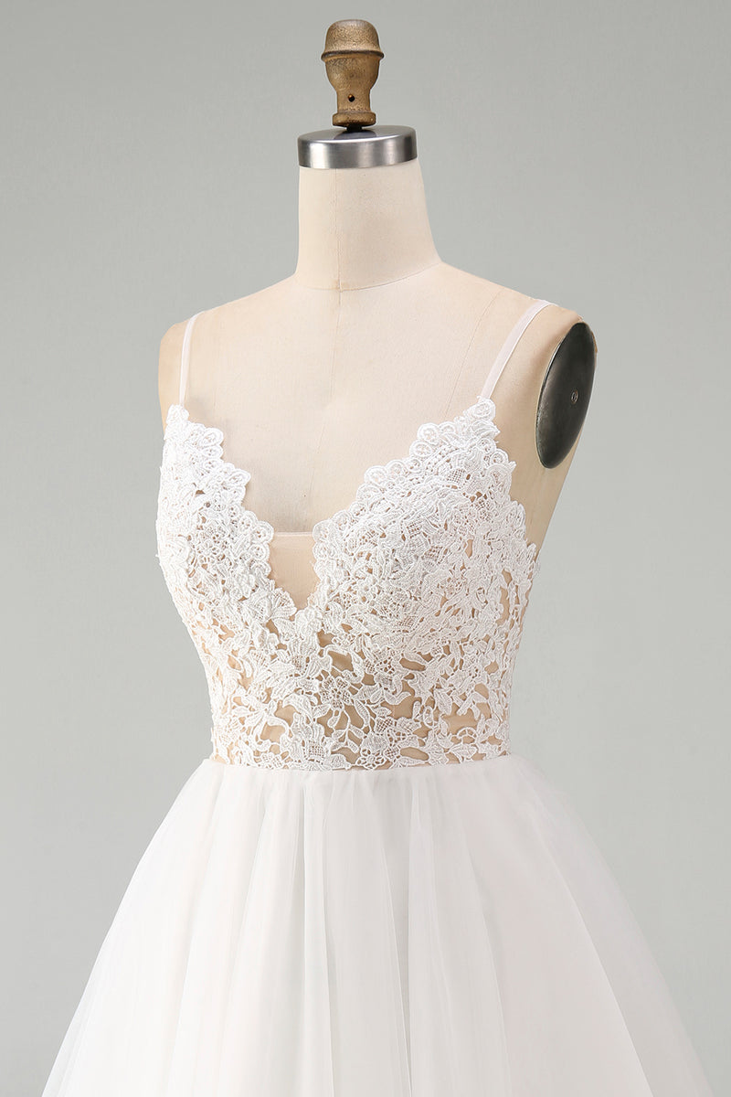 Load image into Gallery viewer, White A Line Tulle Spaghetti Straps Short Graduation Dress with Lace
