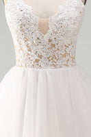 Load image into Gallery viewer, White A Line Tulle Spaghetti Straps Short Graduation Dress with Lace