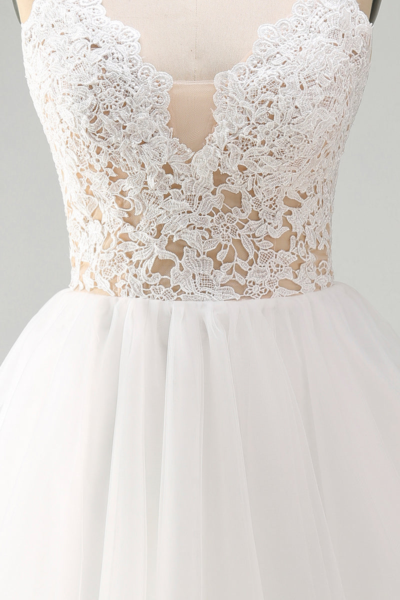 Load image into Gallery viewer, White A Line Tulle Spaghetti Straps Short Graduation Dress with Lace