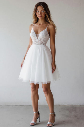 White A Line Tulle Spaghetti Straps Short Graduation Dress with Lace