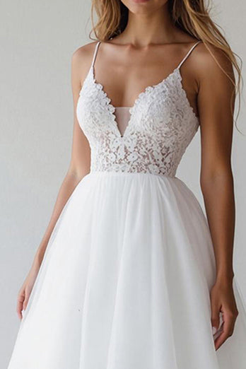 White A Line Tulle Spaghetti Straps Short Graduation Dress with Lace