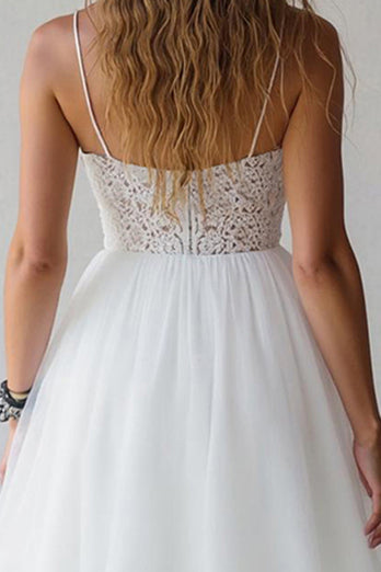 White A Line Tulle Spaghetti Straps Short Graduation Dress with Lace