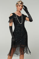 Load image into Gallery viewer, Sparkly Black Cold Shoulder Sequin Short 1920s Dress with Fringes