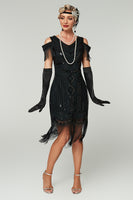 Load image into Gallery viewer, Sparkly Black Cold Shoulder Sequin Short 1920s Dress with Fringes