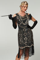 Load image into Gallery viewer, Sparkly Black Cold Shoulder Sequin Short 1920s Dress with Fringes
