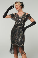 Load image into Gallery viewer, Sparkly Black Cold Shoulder Sequin Short 1920s Dress with Fringes