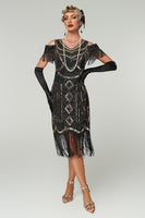 Load image into Gallery viewer, Sparkly Black Cold Shoulder Sequin Short 1920s Dress with Fringes