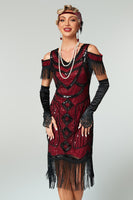 Load image into Gallery viewer, Sparkly Black Cold Shoulder Sequin Short 1920s Dress with Fringes