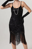 Load image into Gallery viewer, Sparkly Black Sequin Spaghetti Straps Bodycon Short 1920s Dress with Fringes