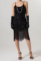 Load image into Gallery viewer, Sparkly Black Sequin Spaghetti Straps Bodycon Short 1920s Dress with Fringes