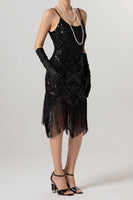 Load image into Gallery viewer, Sparkly Black Sequin Spaghetti Straps Bodycon Short 1920s Dress with Fringes