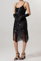 Load image into Gallery viewer, Sparkly Black Sequin Spaghetti Straps Bodycon Short 1920s Dress with Fringes