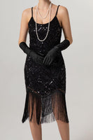 Load image into Gallery viewer, Sparkly Black Sequin Spaghetti Straps Bodycon Short 1920s Dress with Fringes