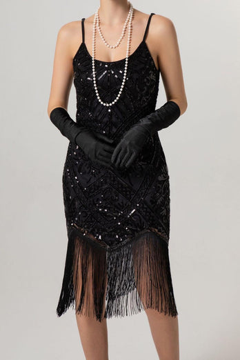 Sparkly Black Sequin Spaghetti Straps Bodycon Short 1920s Dress with Fringes