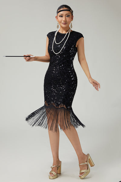 Sparkly Floral Black Bodycon Sequins 1920s Flapper Dress with Fringes