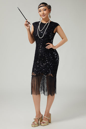 Floral Sparkly Black Golden Sequins Bodycon 1920s Flapper Dress with Fringes