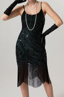 Load image into Gallery viewer, Sparkly Black Sequin Spaghetti Straps Bodycon Short 1920s Dress with Fringes