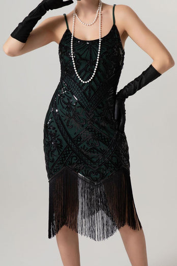 Sparkly Black Sequin Spaghetti Straps Bodycon Short 1920s Dress with Fringes