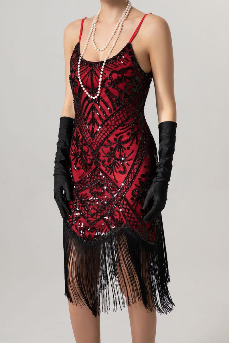 Load image into Gallery viewer, Sparkly Black Sequin Spaghetti Straps Bodycon Short 1920s Dress with Fringes