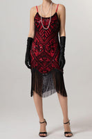 Load image into Gallery viewer, Sparkly Black Sequin Spaghetti Straps Bodycon Short 1920s Dress with Fringes