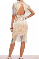 Load image into Gallery viewer, Sparkly Apricot Bodycon Fringed Short 1920s Dress with Rhinestones