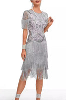 Load image into Gallery viewer, Sparkly Apricot Bodycon Fringed Short 1920s Dress with Rhinestones