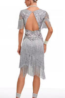 Load image into Gallery viewer, Sparkly Apricot Bodycon Fringed Short 1920s Dress with Rhinestones