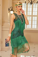 Load image into Gallery viewer, Queendancer Women Sparkly Apricot Fringed Short 1920s Dress with Sequins Bodycon Tiered Round Neck Illusion Back Flapper Dress