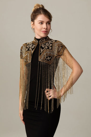 Sparkly Black Golden Beaded 1920s Cape with Fringes