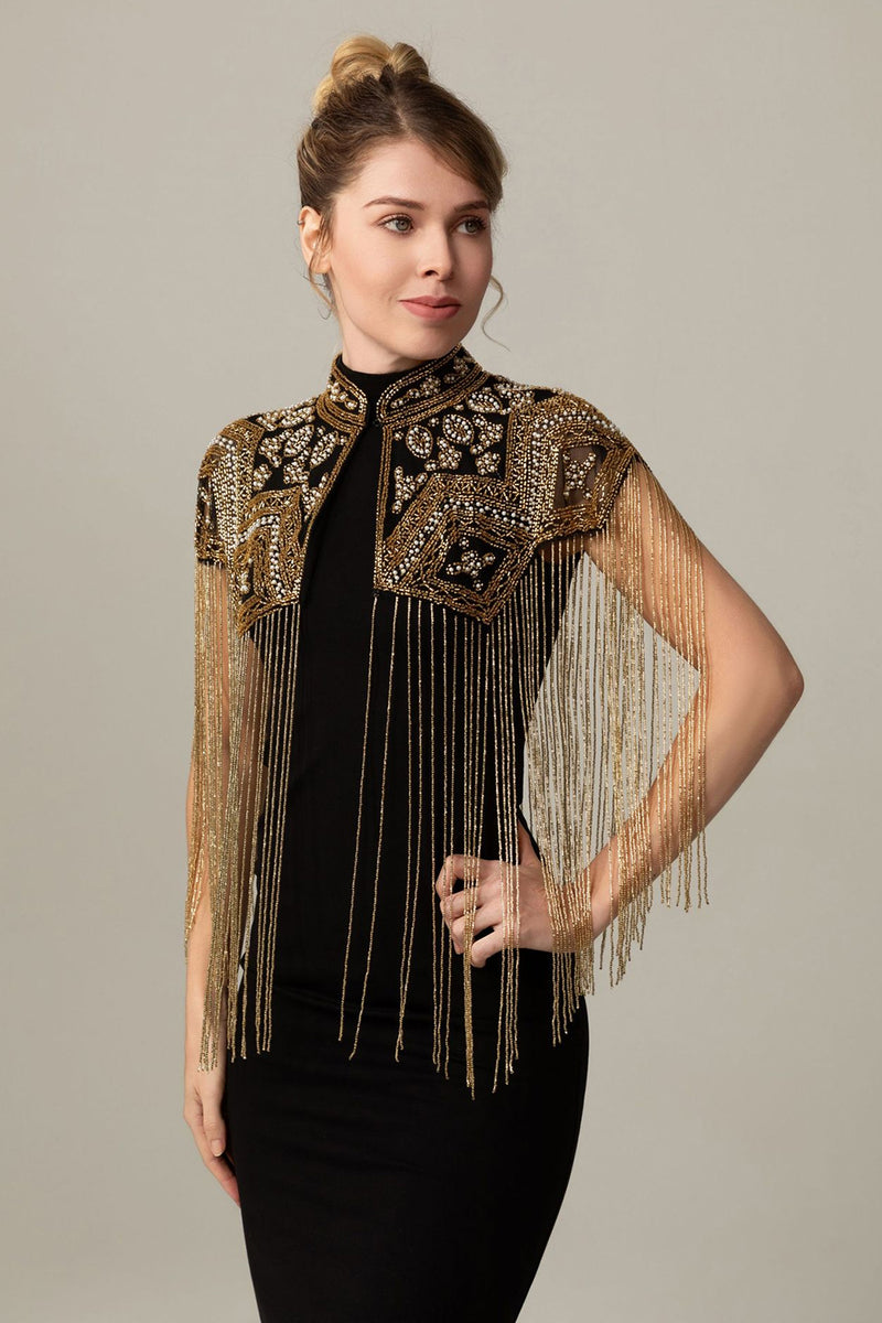 Load image into Gallery viewer, Sparkly Black Golden Beaded 1920s Cape with Fringes