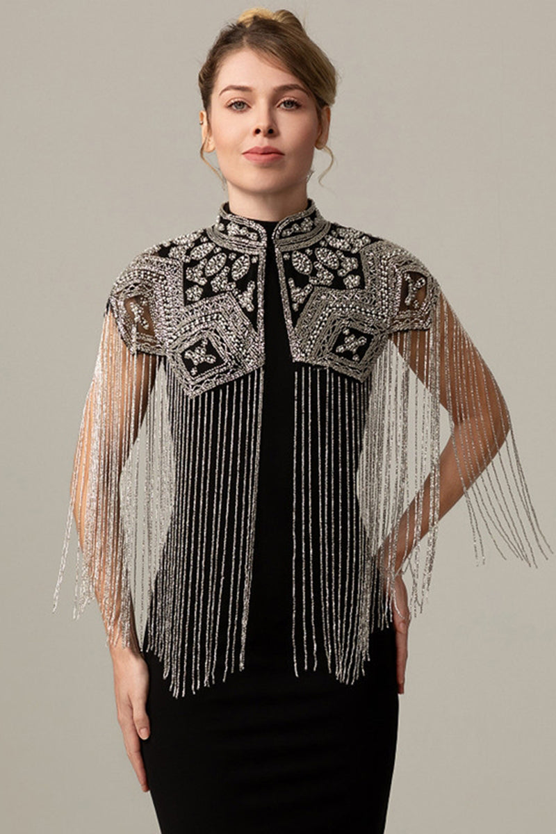 Load image into Gallery viewer, Sparkly Black Golden Beaded 1920s Cape with Fringes