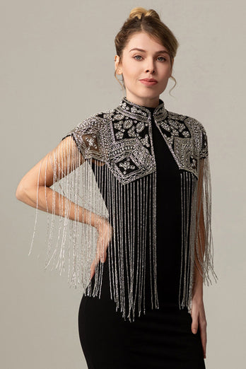Sparkly Black Golden Beaded 1920s Cape with Fringes