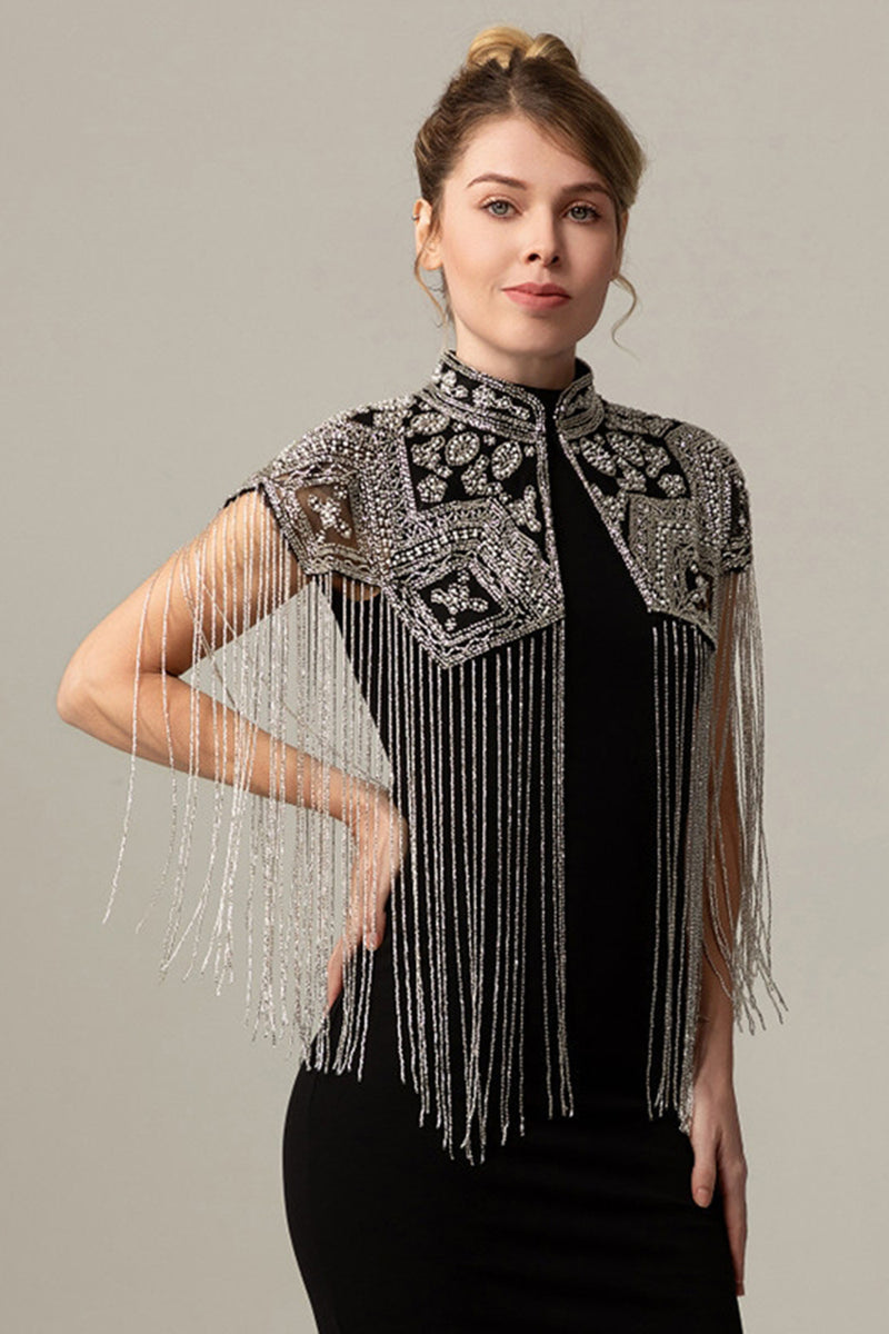 Load image into Gallery viewer, Sparkly Black Golden Beaded 1920s Cape with Fringes